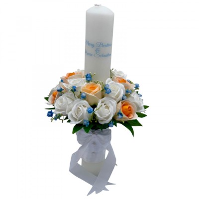 Lumanare pentru Nunta sau Botez, Personalizabila cu nume si data, trandafiri sapun si frunze real touch, Eventissimi, 40 cm, Multicolor foto
