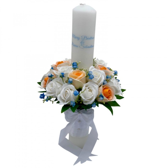 Lumanare pentru Nunta sau Botez, Personalizabila cu nume si data, trandafiri sapun si frunze real touch, Eventissimi, 40 cm, Multicolor