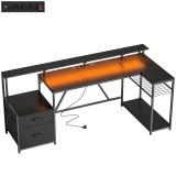 HOMCOM Birou Gaming Reversibil &icirc;n Formă de L cu LED, Birou Colțar 192,5 cm cu Prize Electrice, Suport Monitor și CPU, 2 Sertare din Material Textil pe