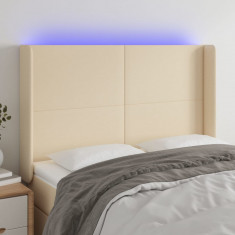 vidaXL Tăblie de pat cu LED, crem, 147x16x118/128 cm, textil foto