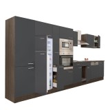 Bucatarie modulara Leziter Yorki 430 cm, stejar/antracit, cu frigider superior, blat HPL 28mm