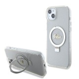Husa Guess iPhone 15 Plus Ring Stand Script Glitter MagSafe, transparenta, GUHMP15MHRSGSD