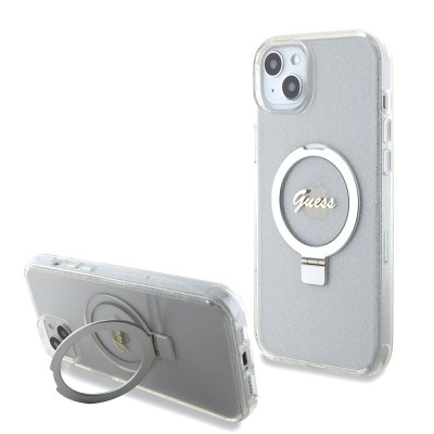 Husa Guess iPhone 15 Plus Ring Stand Script Glitter MagSafe, transparenta, GUHMP15MHRSGSD foto