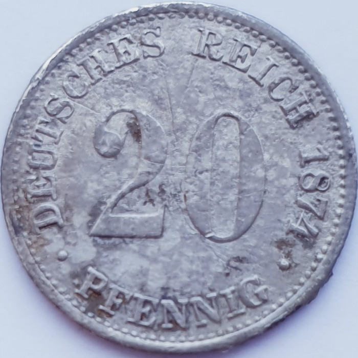 337 Germania 20 pfennig 1874 Wilhelm I (type 1 - large shield) km 5 argint