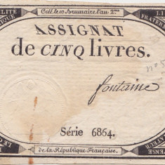 FRANTA ASIGNATA ASSIGNAT 5 LIVRES NOIEMBRIE 1793 SIGN. Fontaine F