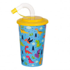 Pahar cu capac si pai pentru bauturi,dinozauri,plastic,multicolor,400 ml