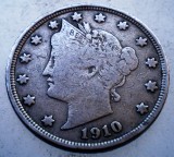 Moneda SUA Liberty Nickel 5 Cents 1910, F.191, Cupru-Nichel, 5g