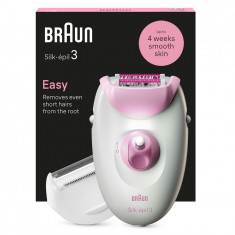 Epilator Braun Silk-épil 3 3-031, MicroGrip, Smart Light, 20 de pensete, Cap de ras + Pieptene, 2 viteze, Roz