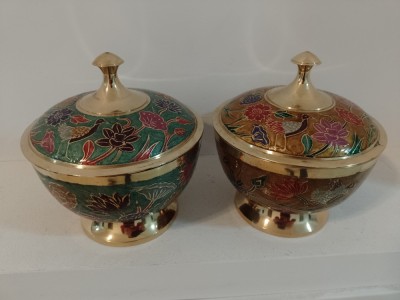 Set de 2 superbe boluri cu capac in stil oriental din bronz foto