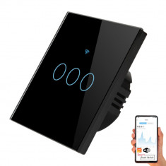 Intrerupator inteligent cu touch, Wireless, VisionHub®, Wi-fi, 3 Canale, din Sticla Securizata, Compatibil iOS/Android, Tuya, Amazon Alexa/Google Assi