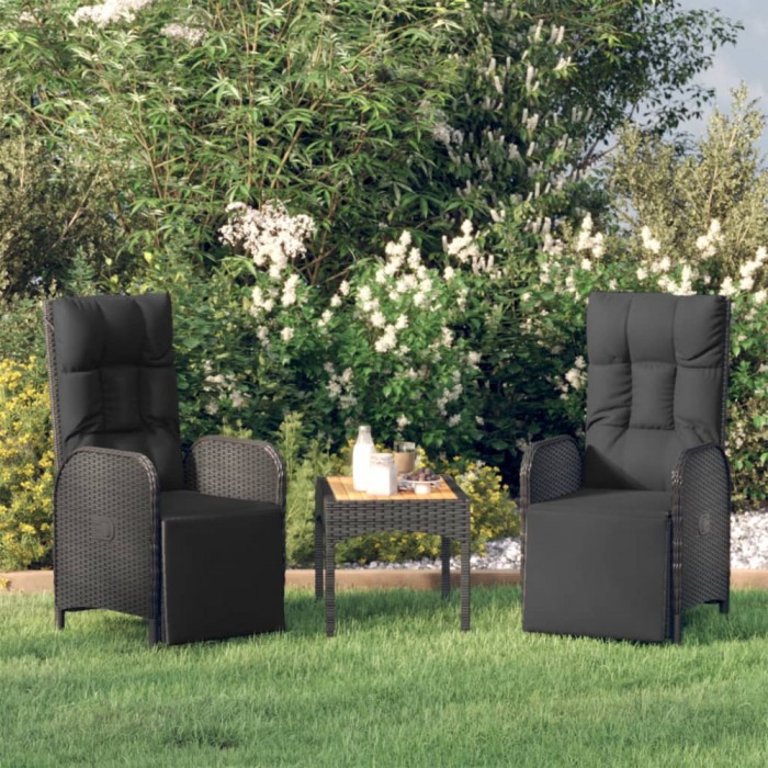 Scaune rabatabile exterior, cu perne, 2 buc., negru, poliratan