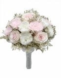 Buchet mare personalizabil cu trandafiri naturali criogenati, floarea miresei naturala uscata si frunze de ruscus naturale criogenate, (Alb Roz)