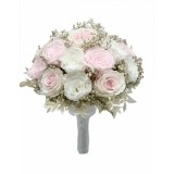Buchet mare personalizabil cu trandafiri naturali criogenati, floarea miresei naturala uscata si frunze de ruscus naturale criogenate, (Alb Roz)