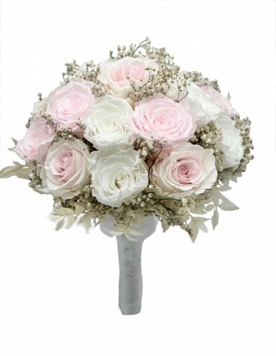 Buchet mare personalizabil cu trandafiri naturali criogenati, floarea miresei naturala uscata si frunze de ruscus naturale criogenate, (Alb Roz)