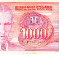 M1 - Bancnota foarte veche - Fosta Iugoslavia - 1000 dinarI - 1992