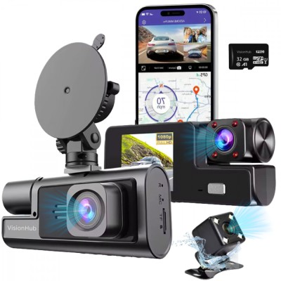 Camera Auto Tripla de bord Full HD 1080P VisionHub&amp;reg;, WIFI, G-Senzor Reglabil, Aplicatie Pe Telefon, Night Vision, Loop Recording, Unghi Larg 170&amp;deg;, Ecr foto