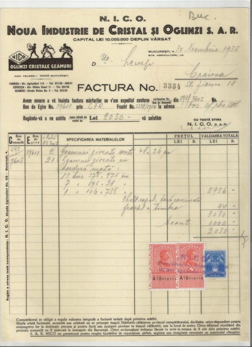Romania, Noua Industrie de Cristal si Oglinzi S.A.R., Bucuresti, 1935
