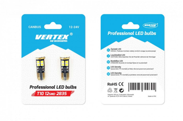 Bec de pozitie tip LED Canbus T10 W2.1x9.5, 12-24V 2.3W, 12SMD , culoare alb , Vertex, set 2 buc AutoDrive ProParts