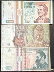 ROMANIA LOT TREI BANCNOTE CIRCULATE/500 SI 1000 LEI 1991 SI 500 LEI 1992, POZE