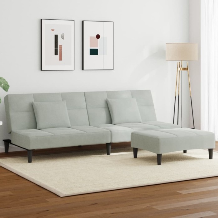 Gossi canapea extensibila cu taburet, 2 locuri, gri deschis, catifea