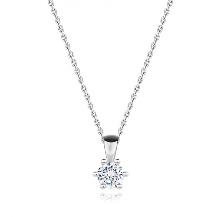 Colier cu diamante din aur alb de 14K - diamant rotund &icirc;ntr-un coș cu șase gheare