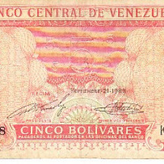 M1 - Bancnota foarte veche - Venezuela - 5 bolivares - 1989