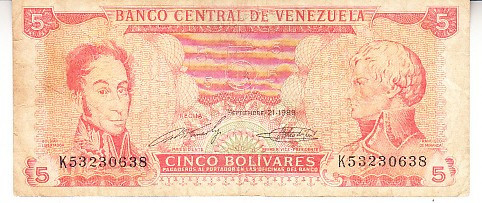 M1 - Bancnota foarte veche - Venezuela - 5 bolivares - 1989