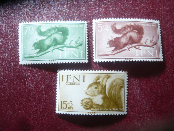 Serie IFNI colonie spaniola 1955 - Fauna - Veverite , 3 valori , 1 val. cu sarn.