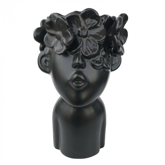 Vaza decorativa, Bust copil cu flori, 23 cm, Negru, 467H