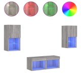 Comode TV de perete cu lumini LED, 4 piese, gri sonoma