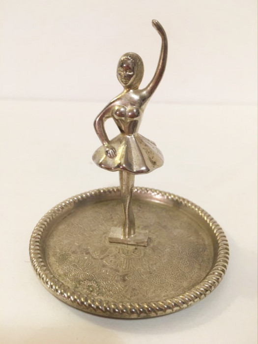 *Suport vintage pt inele, bijuterii, tavita cu figurina balerina, metal, 9x8cm
