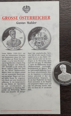 MEDALIE DIN ARGINT AUSTRIA - SERIA PERSONALITATI, CU CERTIFICAT, GUSTAV MAHLER foto