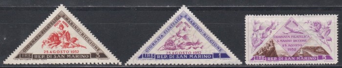 San Marino 1952 - Expoziție de timbre San Marino - Riccione, Serie scurta, cu SARNIERE (Seria completa MNH, cotata la 62.50 EURO)