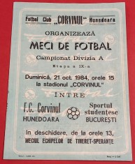 Program meci fotbal CORVINUL HUNEDOARA - SPORTUL STUDENTESC BUCURESTI (21.10.1984)