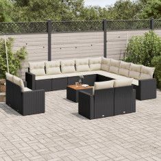 Set mobilier de gradina cu perne, 14 piese, negru, poliratan