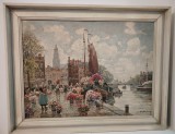 Pictura in ulei pe p&acirc;nză o lucrare veche care &icirc;nfățișează o piață de flori de pe malul unui canal din Amsterdam, semnată de F. Max Richter-Reich