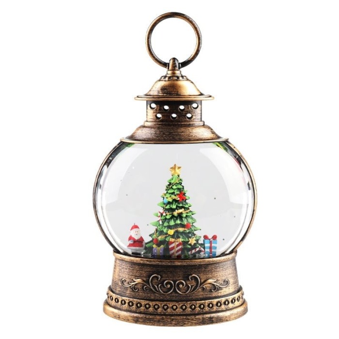 Felinar luminat de Craciun, cu bradut, ventilator zapada, LED, cadou, decoratiune pentru casa, maro