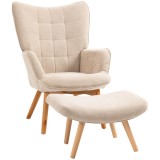 HOMCOM Fotoliu cu Taburet pentru Cameră sau Living din Catifea cu Model Crestat , Spătar &Icirc;nalt și Brațe, 72x80x101 cm, Bej | Aosom Romania