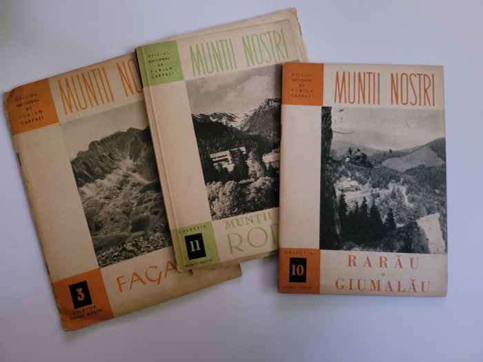 lot 3 carti Colectia Muntii Nostri: Rarau, Rodnei, Fagaras, anii &#039;50, cu harti