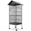 Colivie Pasari vidaXL cu Acoperis, 66x66x155 cm, Otel, Negru, Tavita + Dozator Apa, 4 Stinghii Lemn, Spatioasa, Durabila