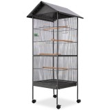 Colivie Pasari vidaXL cu Acoperis, 66x66x155 cm, Otel, Negru, Tavita + Dozator Apa, 4 Stinghii Lemn, Spatioasa, Durabila