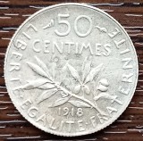 (A1057) MONEDA DIN ARGINT FRANTA - 50 CENTIMES 1918, SEMANATOAREA