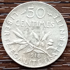 (A1057) MONEDA DIN ARGINT FRANTA - 50 CENTIMES 1918, SEMANATOAREA