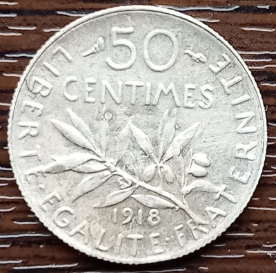 (A1057) MONEDA DIN ARGINT FRANTA - 50 CENTIMES 1918, SEMANATOAREA foto