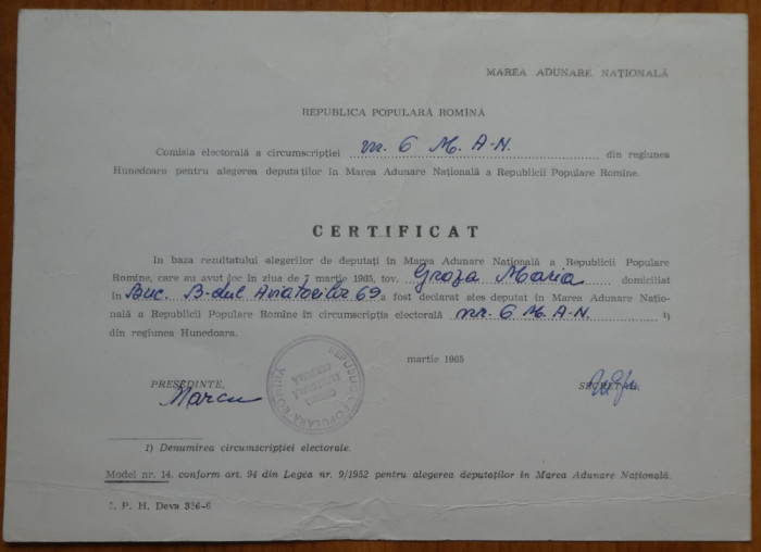 Certificat priv. alegerea lui Groza Maria ca deputat in Marea Adunare Nationala