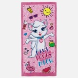 Prosop de plaja din bumbac roz cu model pisica, 140x70 cm, CMCLASS
