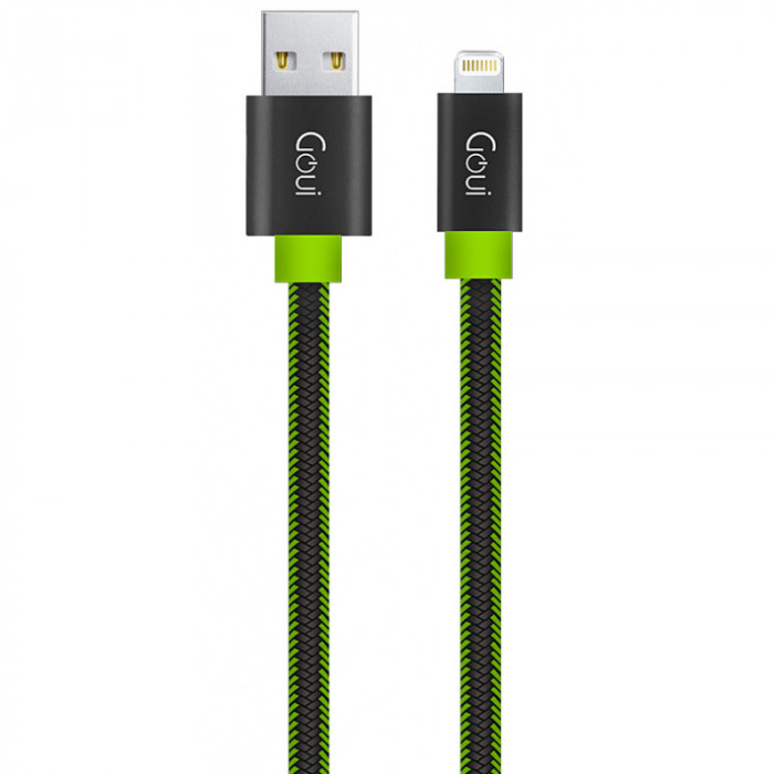 Cablu Date si Incarcare USB la Lightning Goui Fashion Flat, 1 m, Negru - Verde G-LC8PINFBF-GK