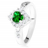 Inel cu inimă din zirconiu verde, romb din ştrasuri transparente, argint 925 - Marime inel: 51