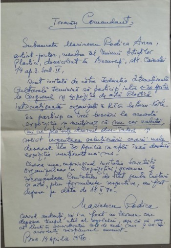 1970 Solicitare viză pictorița Rodica Marinescu / arta, comunism feminism femei
