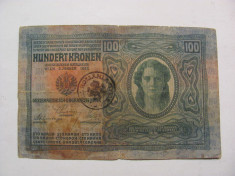 100 korona coroane 1912 scrie si in romana + stampila &amp;quot;Timbru Special Romania&amp;quot; foto